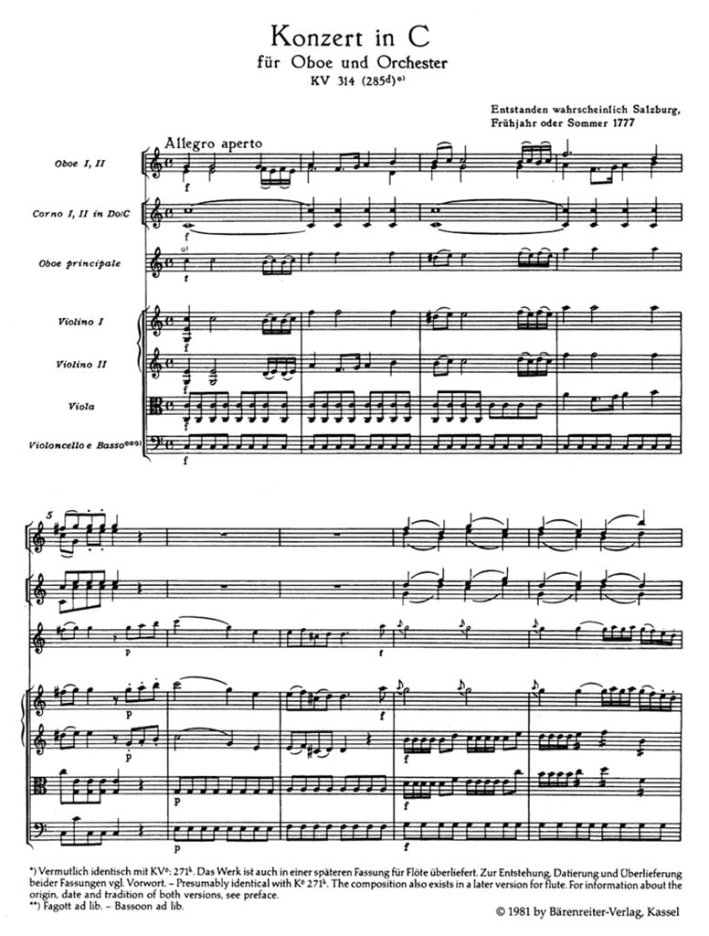Oboe Concerto K314 Study score